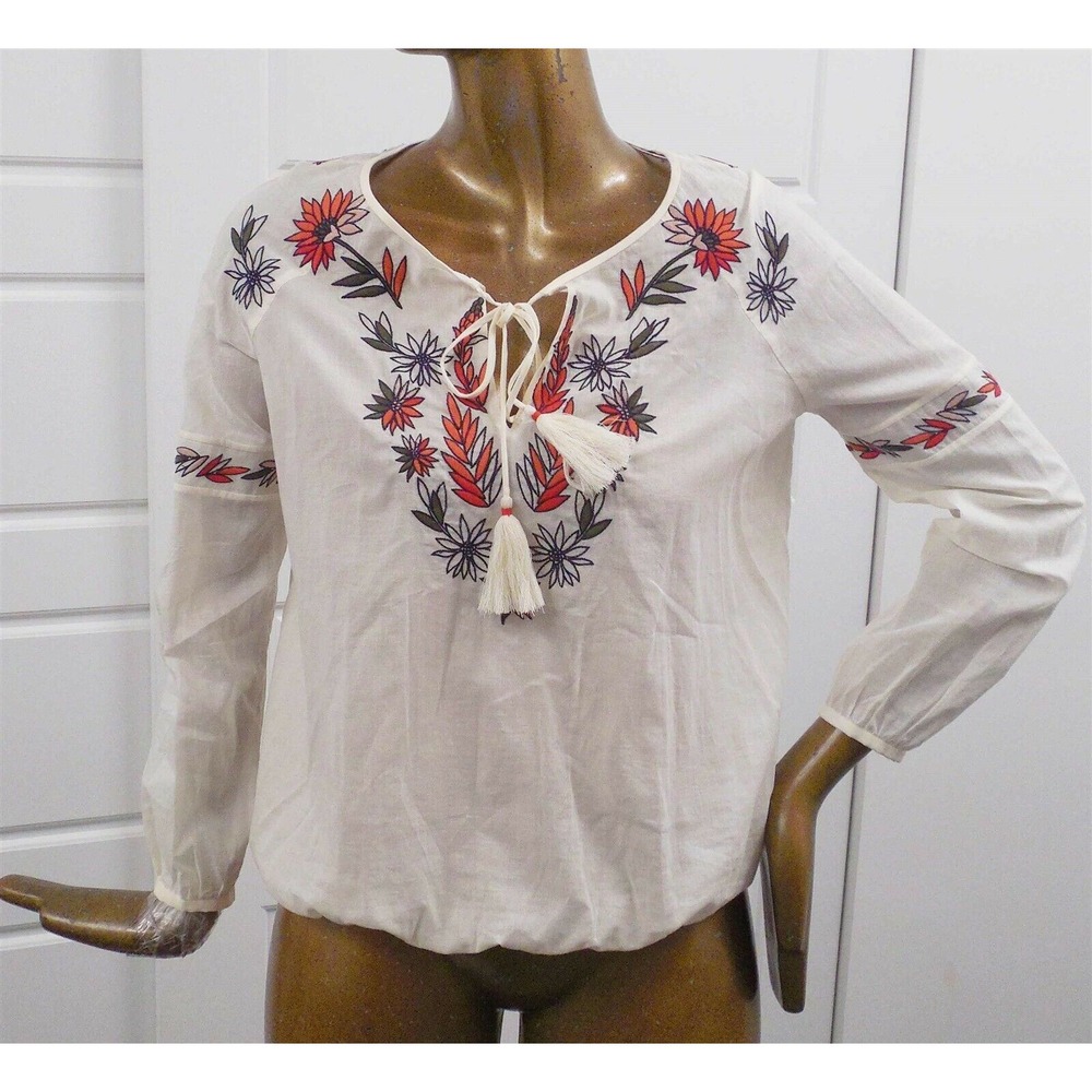 Tory Burch Natural Multi Floral Embroidered Boho Blouse sz 4